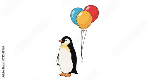 A happy cartoon penguin holds a cheerful cluster of red, yellow, and blue balloons, a delightful vector for birthdays, parties, and events.