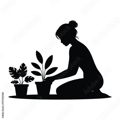 Silhouette illustration of a person tending to potted plants vector graphic for download silhouette vector illustration white background