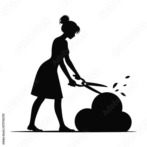Silhouette illustration of a woman pruning bushes with shears vector scalable graphic eps for design projects silhouette vector illustration white background