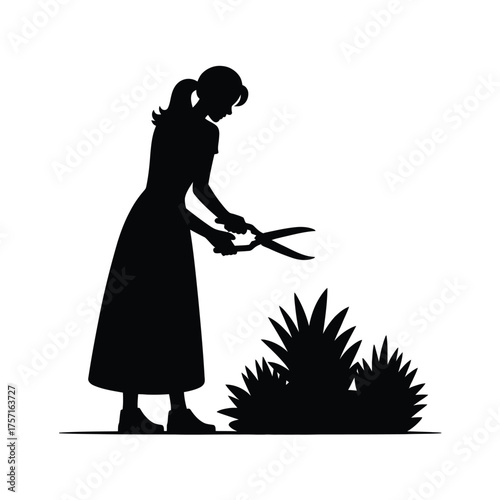 Scalable vector silhouette illustration of a woman tending to garden bushes with shears silhouette vector illustration white background