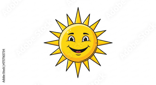 Happy yellow cartoon sun illustration with a cheerful smiling face, bright rays, and a friendly expression, perfect for summer themes and positive design.