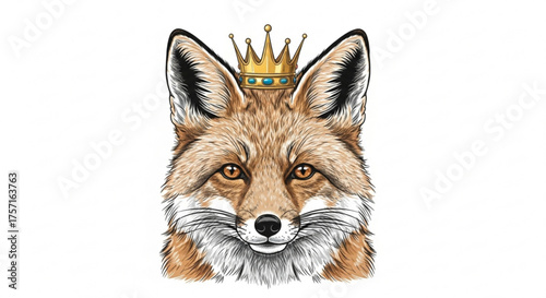 Detailed vector illustration of a majestic fox head with a golden crown and sparkling jewels, capturing the essence of royalty and cunning.