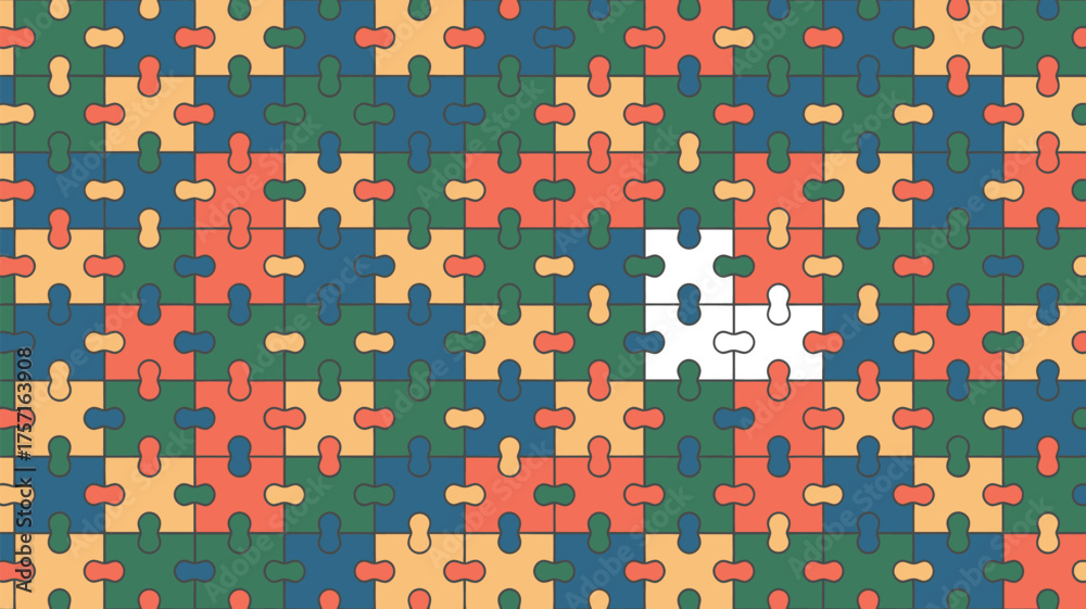 Fototapeta premium Colorful jigsaw puzzle pattern with one section missing and filled with white pieces pattern design