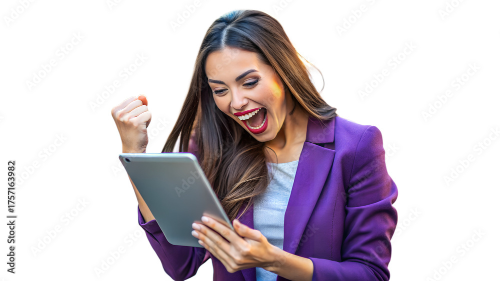 Fototapeta premium Excited woman in a purple blazer looking at a tablet and celebrating, isolated on transparent background