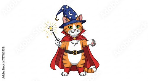 Cartoon wizard cat illustration casting a spell with a sparkling magic wand, wearing a blue starry hat and red cape, enchanting feline character isolated
