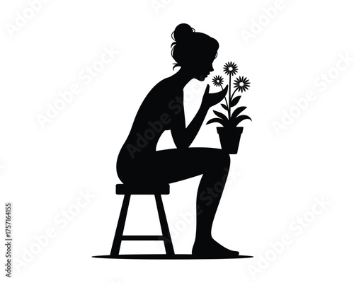 Scalable black silhouette illustration of a woman sitting and smelling flowers vector graphic eps icon silhouette vector illustration white background