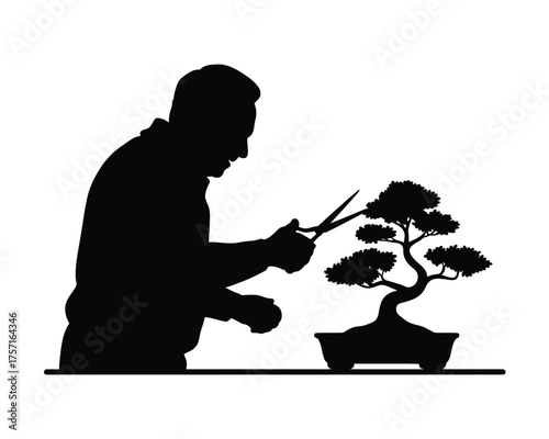 Silhouette vector illustration of gardener pruning a bonsai tree with scissors scalable eps graphic silhouette vector illustration white background