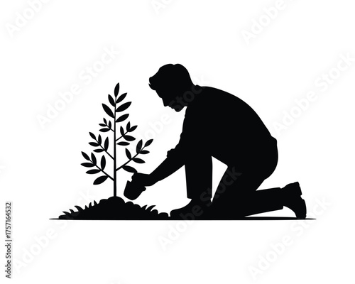 Black silhouette illustration of a person planting a young tree vector graphic eps icon for nature and gardening silhouette vector illustration white background