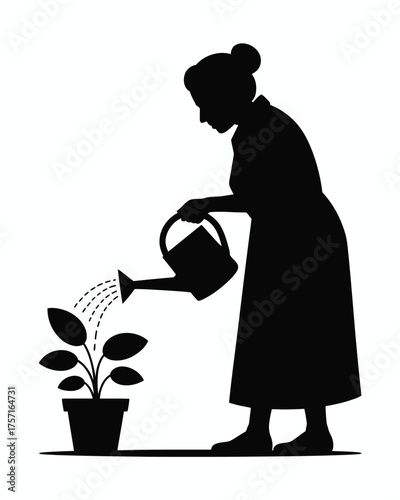 Silhouette vector illustration of a woman watering a potted plant scalable eps graphic icon for gardening and nurturing themes silhouette vector illustration white background