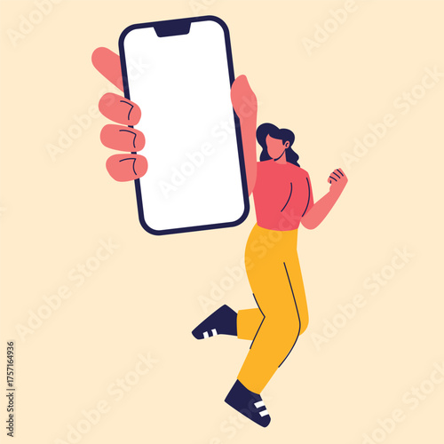 woman holding smartphone with fist raised illustration