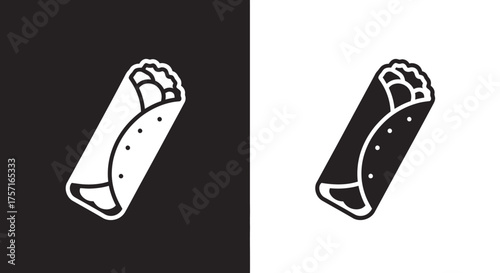 Monochrome burrito vector icon set on black and white backgrounds.