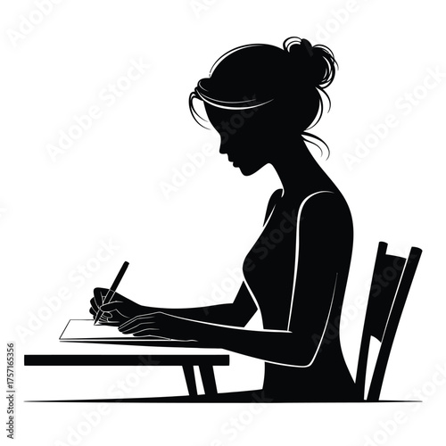 Silhouette vector illustration of a young woman writing at a desk scalable graphic for creative projects silhouette vector illustration white background