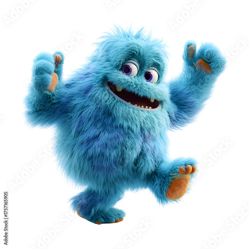 Blue Furry Character's Energetic Joy: A vibrant, blue furry character is radiating a happy, joyful expression, celebrating a moment of fun, happiness, and cheerfulness.