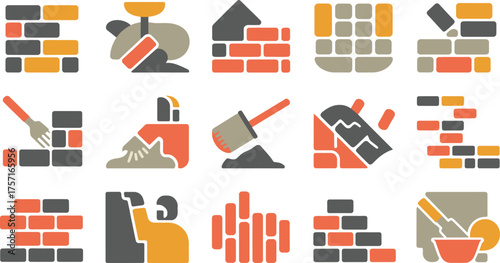 Masonry and Bricklaying Icon Set Construction, Building Materials, Tools, and Techniques Illustrations