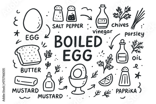 Boiled egg ingredients and seasoning illustrated with black and white doodles