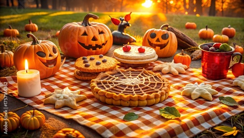 Halloween picnic with carved pumpkins, cookies, pie, and a candle on a checkered blanket in a garden at sunset