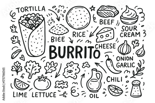 Hand-drawn burrito ingredients: tortilla, beef, sour cream, cheese, rice, vegetables