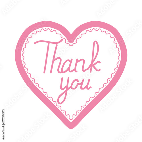 Pink heart shaped thank you card vector illustration. Handwritten message pink heart thank you lettering icon