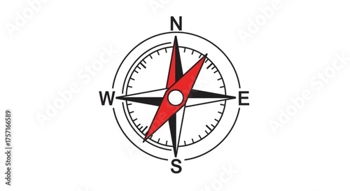 Simple graphic of a compass rose with a clear red needle indicating cardinal points on a white background, symbolizing direction and guidance.