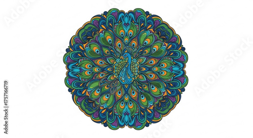 Vibrant peacock mandala illustration with intricate feathery details and ornate circular patterns, showcasing blue, green, and orange hues on a white background.