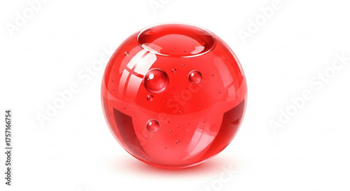 Red transparent glossy glass sphere with internal liquid and small bubbles reflecting light, isolated on a clean white background, 3d render illustration