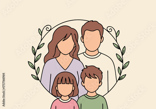 Illustration of a happy family of four, parents with their two children, depicted within a decorative wreath, symbolizing unity and love