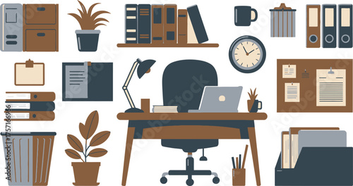Organized Home Office Setup Desk with Laptop, Chair, Plants, Books, and Filing Accessories Illustration
