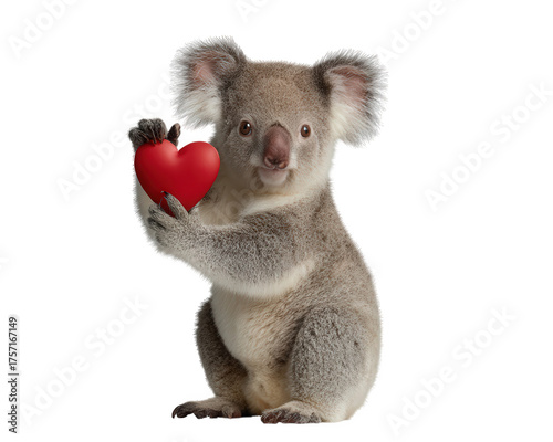 Cute koala animal holding red heart symbol of love. lovely and romantic gesture for valentine greeting, showing sweet affection and charm
