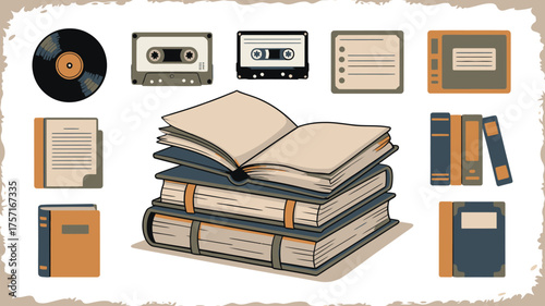 Retro Media and Books Vinyl Record, Cassette Tapes, Notebooks, and Stack of Hardcover Novels