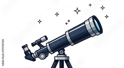 Cartoon telescope on a tripod for stargazing and scientific discovery, observing celestial bodies in the night sky, astronomy instrument for space exploration