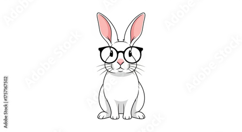 Smart cartoon white rabbit character wearing trendy black rimmed glasses, sitting upright and looking forward, a cute and intelligent animal illustration.