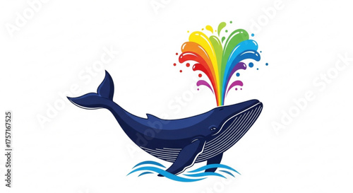 Colorful blue whale spouting a vibrant rainbow splash, a lively marine mammal illustration, symbolizing joy, freedom, and creativity in ocean life.