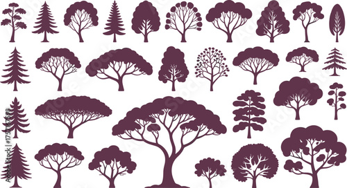 Collection of diverse tree silhouettes in various shapes and styles, botanical illustration set for nature design,
