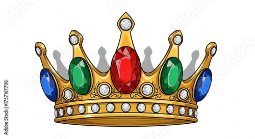 Ornate golden crown illustration adorned with glistening red ruby, blue sapphire, green emerald, and sparkling diamonds symbolizing royalty, power, and prestige on a clean white background.
