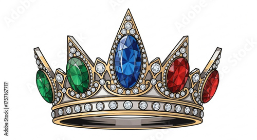 Regal crown vector illustration, adorned with sparkling diamonds and a vibrant array of blue, green, and red gemstones, embodying royalty, power, and triumph.