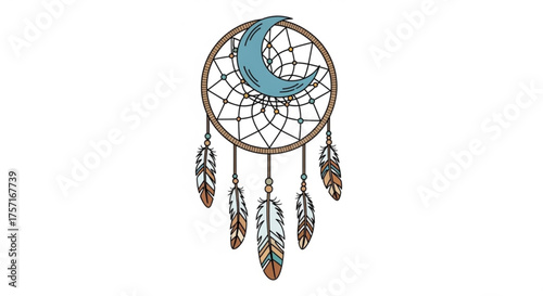 Boho dreamcatcher illustration with crescent moon, detailed web, dangling feathers, and decorative beads. symbolizing protection, dreams, and good fortune, isolated for various design projects.