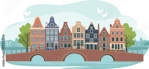 Colorful traditional Dutch canal houses reflected on water under clear sky with trees and bridge,