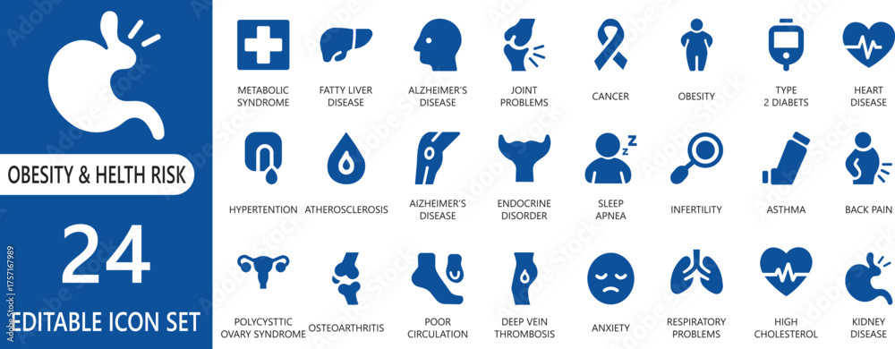 Obraz premium A detailed vector icon set representing obesity, health awareness, and lifestyle care concepts. Perfect for apps, websites, presentations, and stock platforms needing medical and wellness visuals.