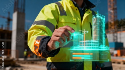 Construction worker holding holographic architectural model, building project, digital future