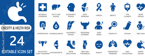 A detailed vector icon set representing obesity, health awareness, and lifestyle care concepts. Perfect for apps, websites, presentations, and stock platforms needing medical and wellness visuals.