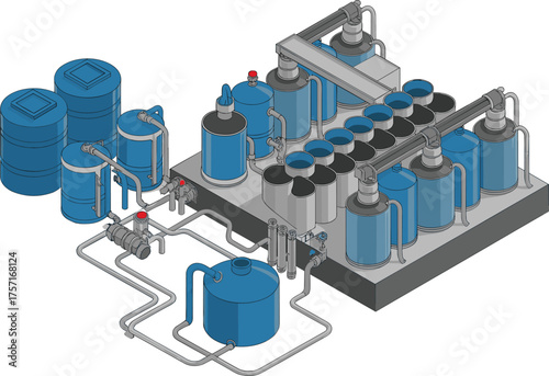 Isometric 3D industrial water filtration system with interconnected storage tanks, purification units, and stainless steel pipes for modern water treatment facility efficiency