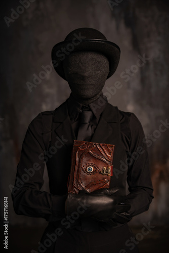 A stylish man in classic black clothes - a black vest, shirt, tie, black gloves and a black hat - with a face bandaged with black bandages, holds a scary spell book in his hands. Horror halloween