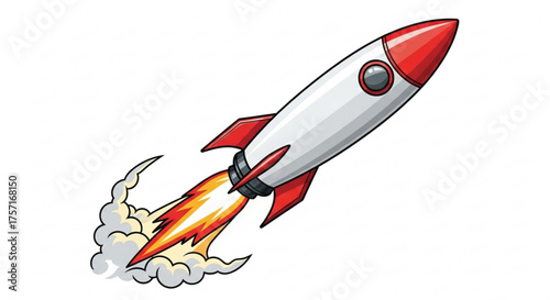 Cartoon rocket taking off with vibrant fire and smoke trail, symbolizing business launch, startup success, innovation, and rapid growth forward to new horizons.