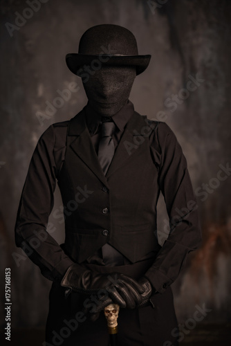 A stylish man in classic black clothes - a black vest, shirt, tie, black gloves and a black hat - with a face bandaged with black bandages, holds a cane in his hands. Horror halloween