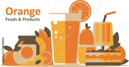 Stylized Orange Food Products Juice Glass, Marmalade Jar, Popsicle, Cake Slice, and Fruit