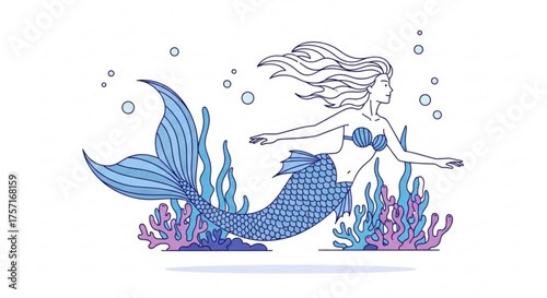 Graceful blue mermaid with flowing hair and shimmering tail swims among colorful coral and seaweed, surrounded by bubbles in a serene underwater scene.