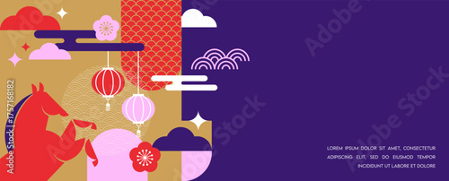 Lunar new year background, banner, social media story template. Chinese New Year, year of the horse.