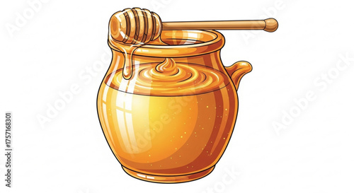 Golden honey pot with a wooden dipper, dripping sweet nectar, symbolizing natural sweetness, health, and organic goodness, vibrant vector illustration.