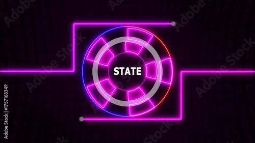Futuristic neon prink HUD circle with glowing state text over a digital matrix-style background, creating a high-tech, sci-fi visual effect.