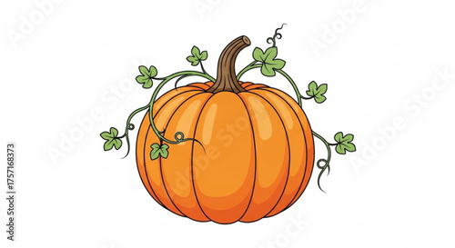 Vibrant orange cartoon pumpkin illustration with twisting green vines and a sturdy brown stem, perfect for autumn harvest, fall, halloween, or thanksgiving designs.
